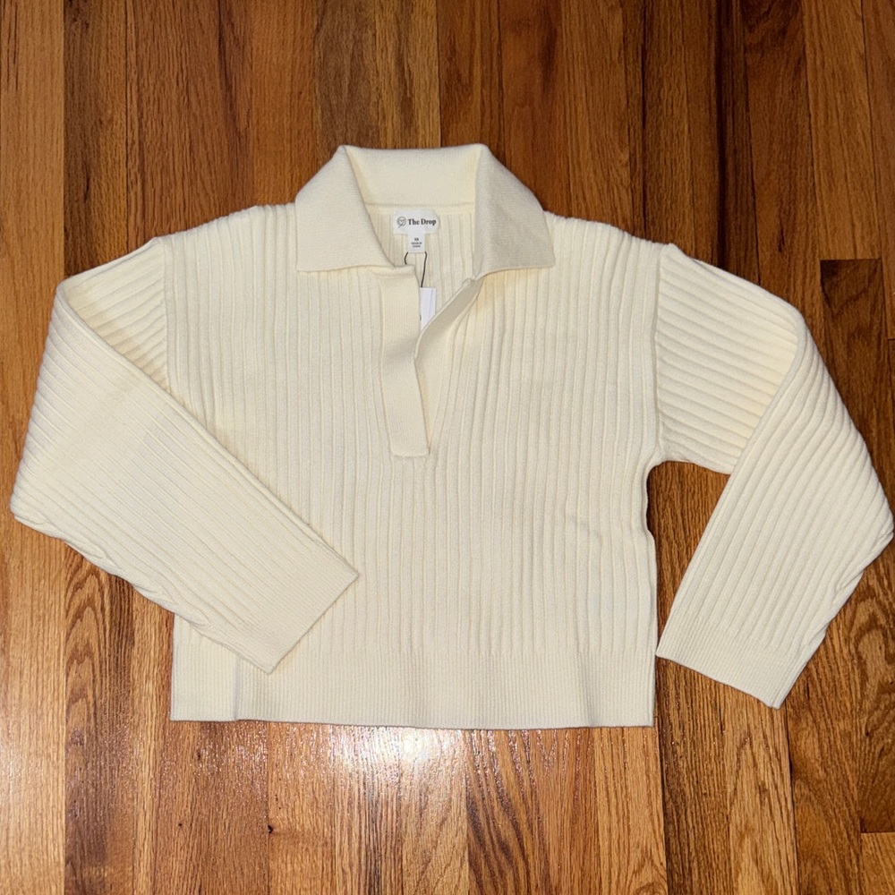 Cream Cropped Ribbed Knit Collared Sweater